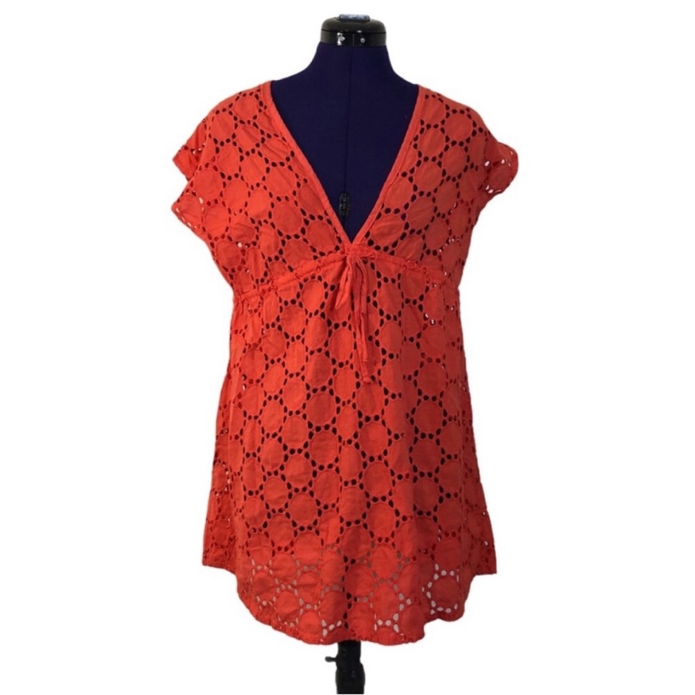 Jordan Taylor Coral Red Orange Eyelet Tunic Dress Swim Cover Up Dress